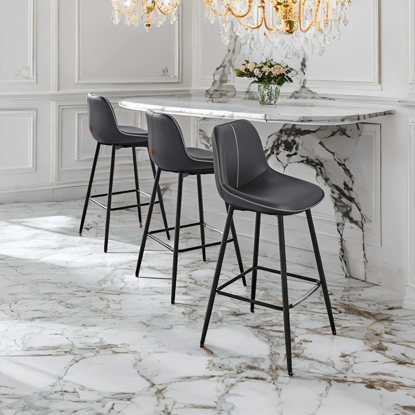 Set of 2 Bar Stools with Backrest, Ergonomic Design & Metal Legs, Synthetic Leather Upholstery, 28.7-Inch Counter Height Stools, Black