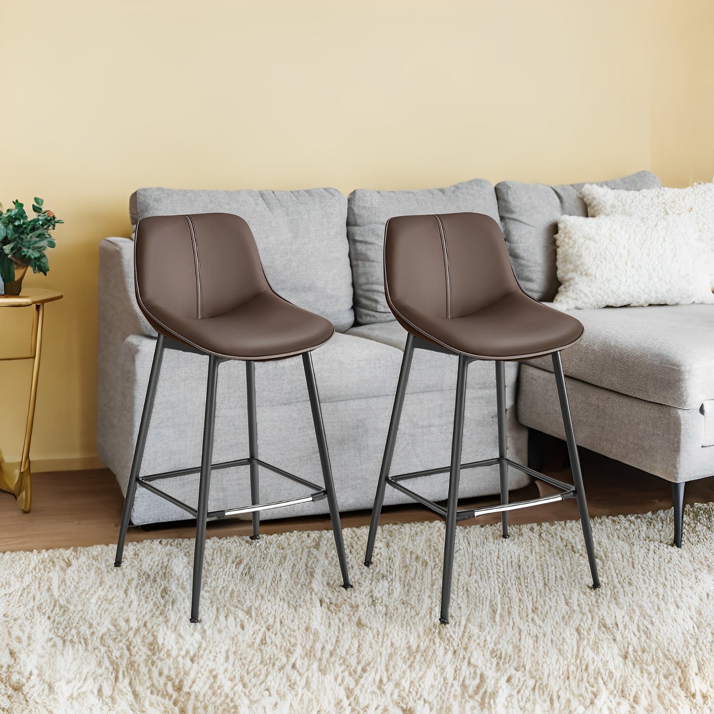 Set of 2 Bar Stools with Backrest, Ergonomic Design & Metal Legs, Synthetic Leather Upholstery, 28.7-Inch Counter Height Stools, Chestnut Brown