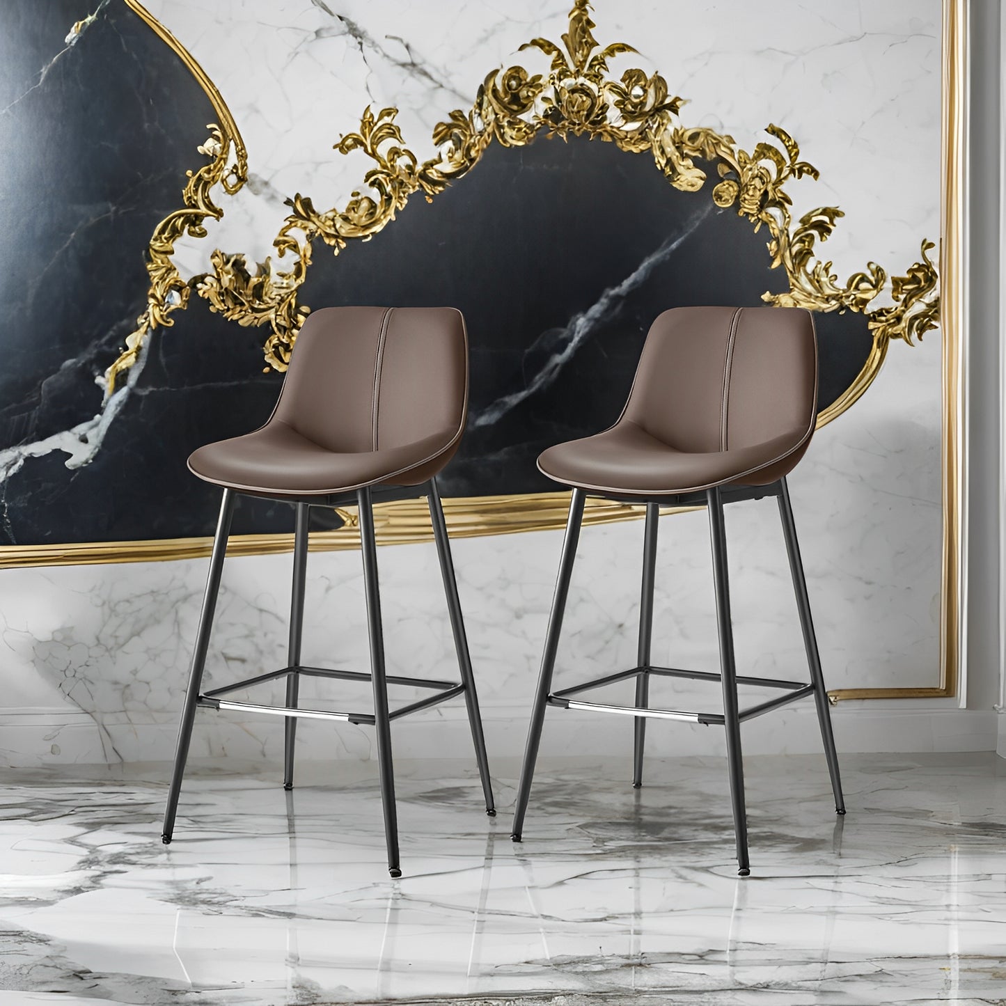Set of 2 Bar Stools with Backrest, Ergonomic Design & Metal Legs, Synthetic Leather Upholstery, 28.7-Inch Counter Height Stools, Chestnut Brown