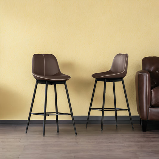 Set of 2 Bar Stools with Backrest, Ergonomic Design & Metal Legs, Synthetic Leather Upholstery, 28.7-Inch Counter Height Stools, Chestnut Brown