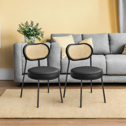 Boho Dining Chairs, Set of 2 PE Rattan Back & Synthetic Leather Upholstered Accent Chairs for Kitchen, Living Room, Ergonomic Support with Leveling Feet, Ink Black