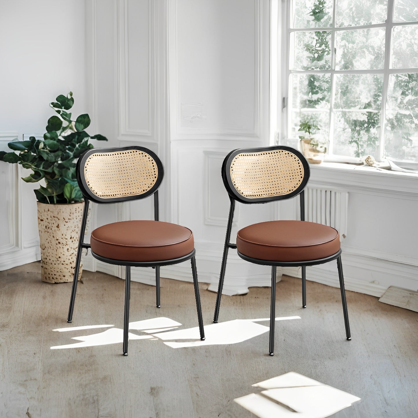 Boho Dining Chairs Set of 2 - PE Rattan Backrest & Synthetic Leather Seat, Ergonomic Kitchen, Living Room Accent Chairs, Coffee Brown