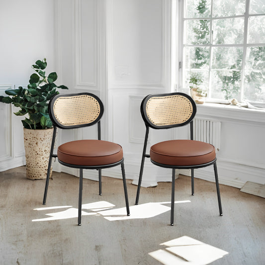 Boho Dining Chairs Set of 2 - PE Rattan Backrest & Synthetic Leather Seat, Ergonomic Kitchen, Living Room Accent Chairs, Coffee Brown