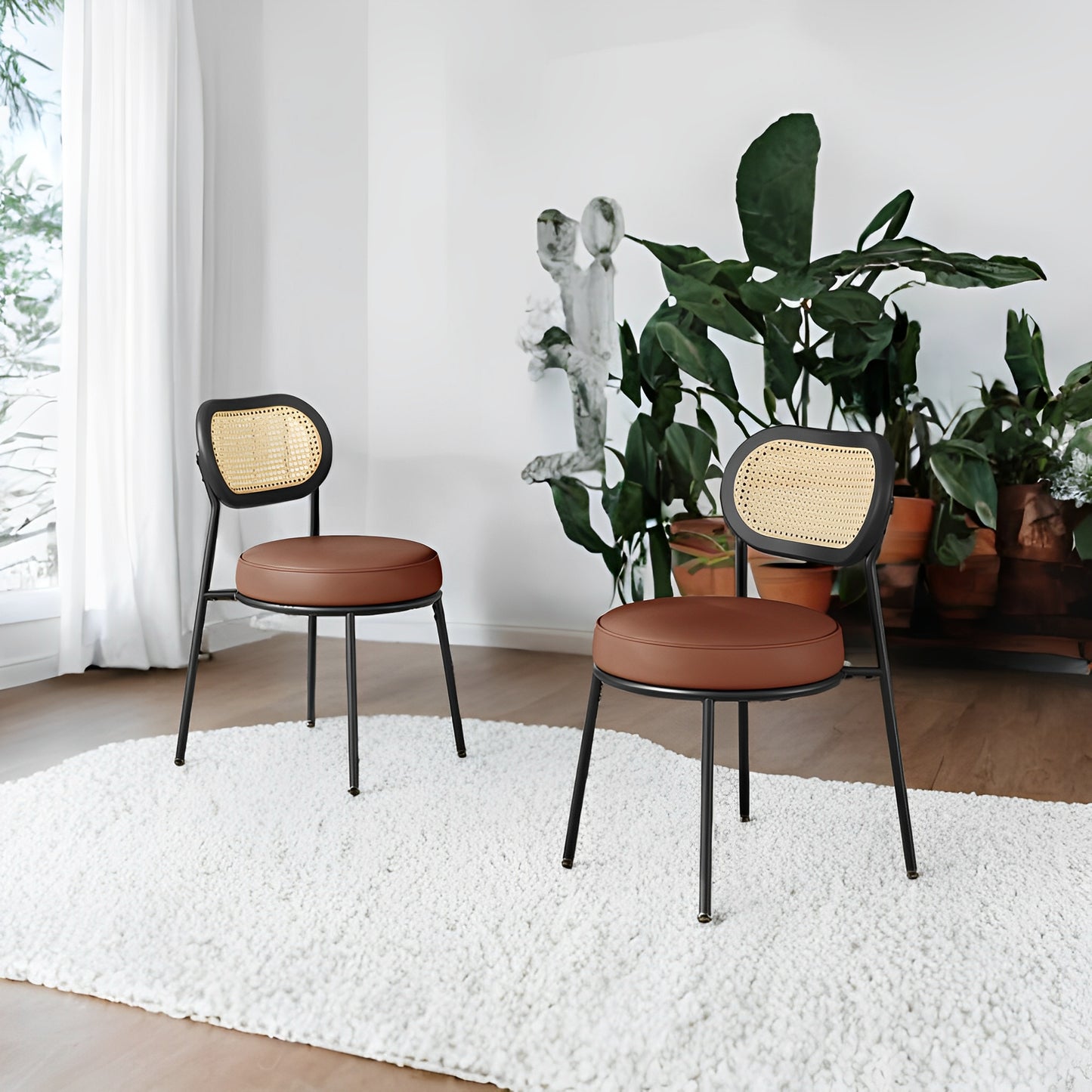 Boho Dining Chairs Set of 2 - PE Rattan Backrest & Synthetic Leather Seat, Ergonomic Kitchen, Living Room Accent Chairs, Coffee Brown