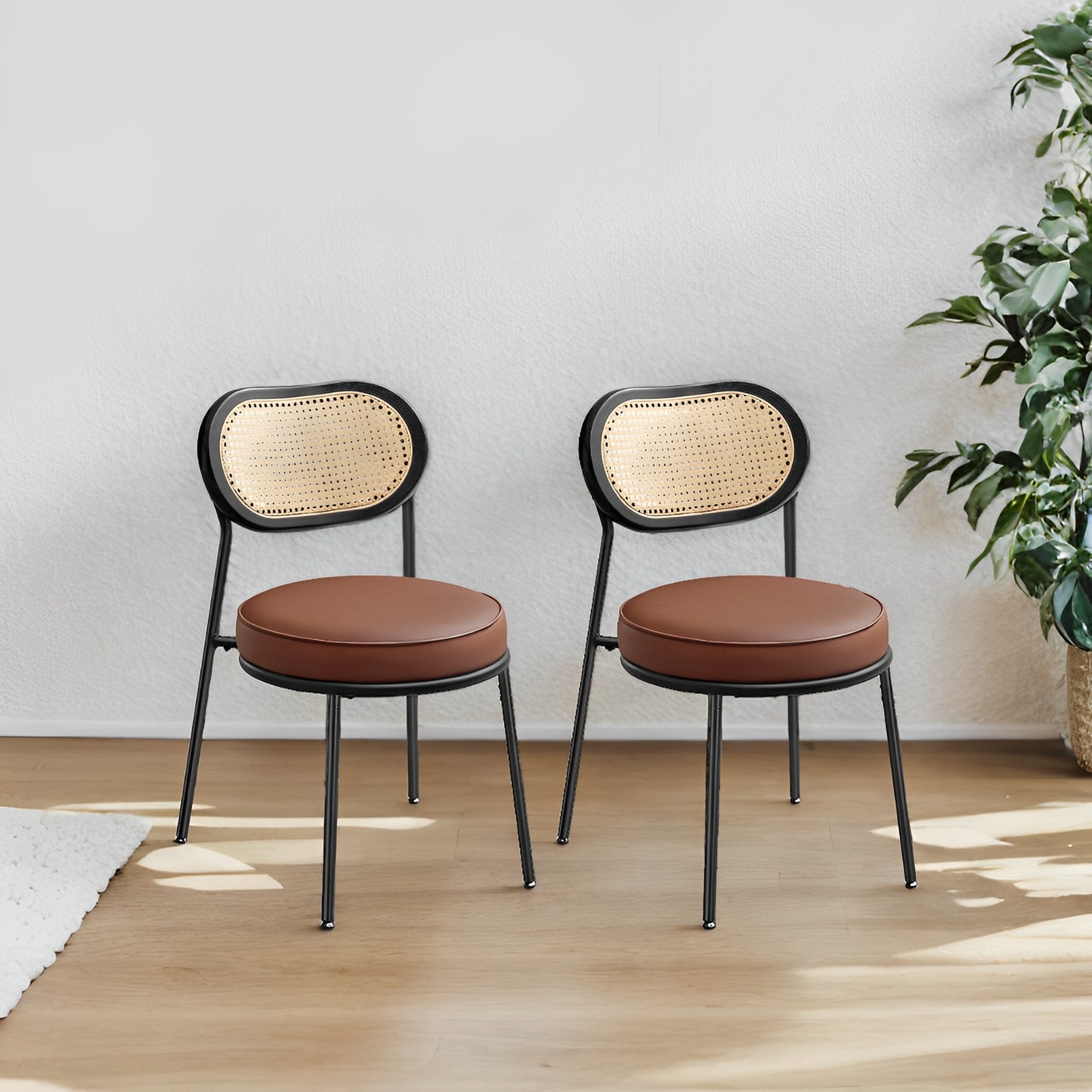 Boho Dining Chairs Set of 2 - PE Rattan Backrest & Synthetic Leather Seat, Ergonomic Kitchen, Living Room Accent Chairs, Coffee Brown