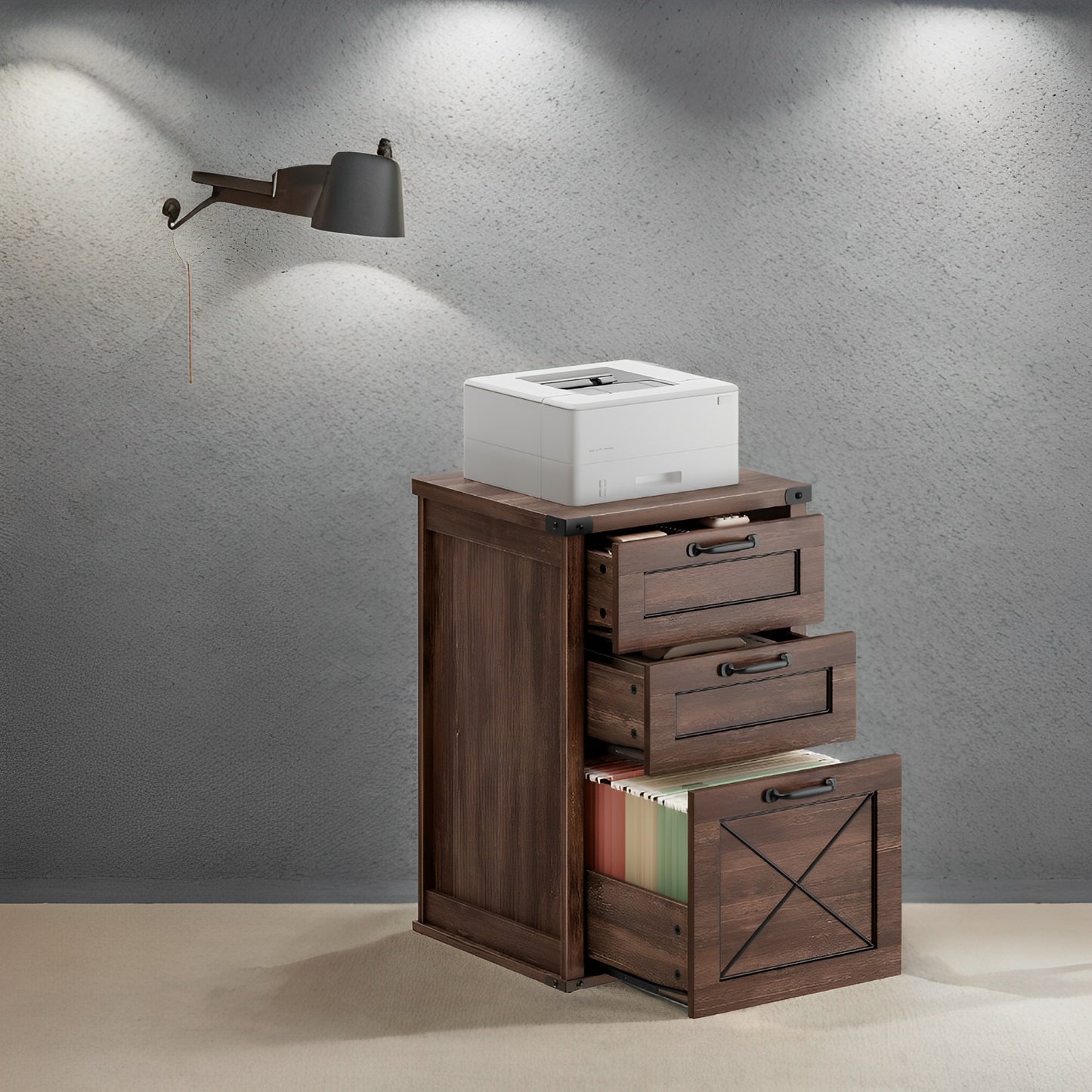 3-Drawer File Cabinet with Hanging Rail, Farmhouse Office Storage & Printer Stand, Holds A4 Letter Files, Silent Glide Drawers, Maroon Brown