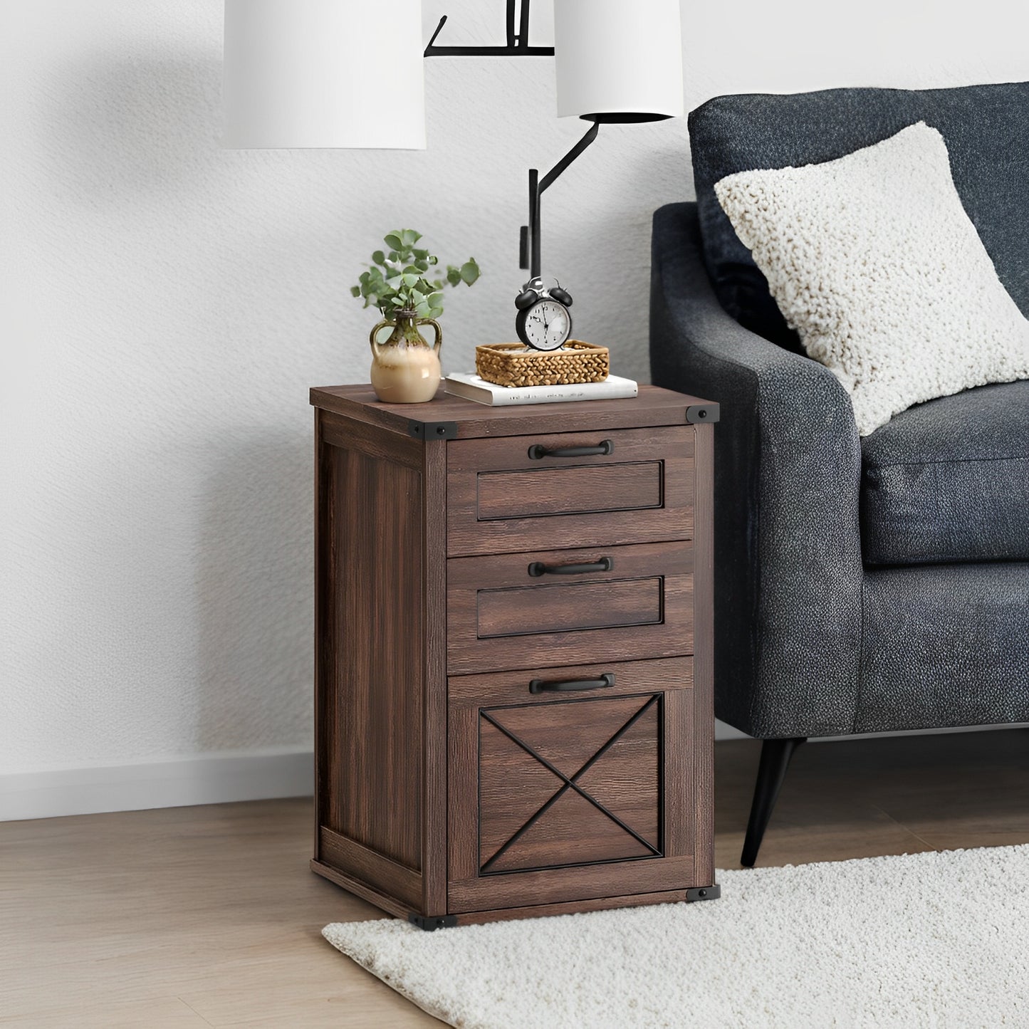 3-Drawer File Cabinet with Hanging Rail, Farmhouse Office Storage & Printer Stand, Holds A4 Letter Files, Silent Glide Drawers, Maroon Brown