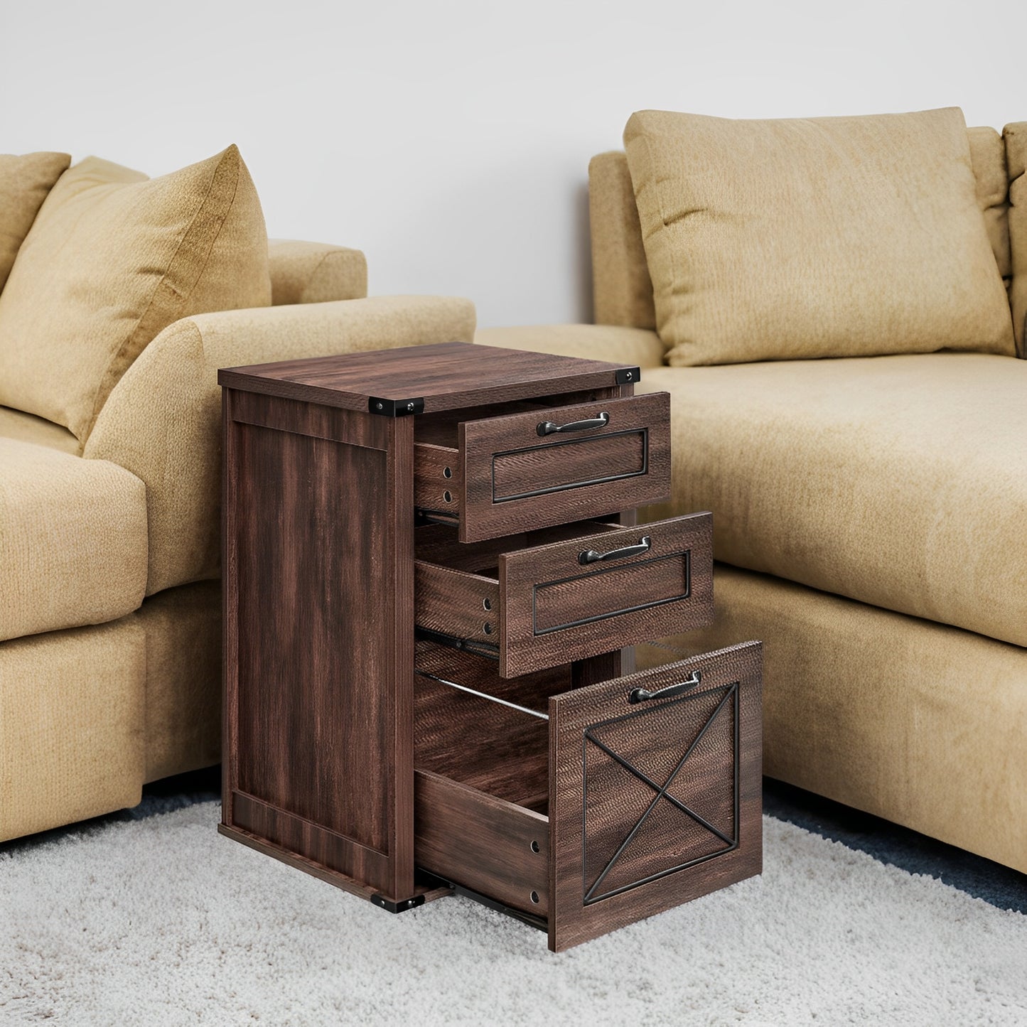 3-Drawer File Cabinet with Hanging Rail, Farmhouse Office Storage & Printer Stand, Holds A4 Letter Files, Silent Glide Drawers, Maroon Brown
