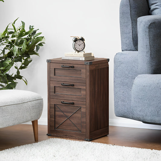 3-Drawer File Cabinet with Hanging Rail, Farmhouse Office Storage & Printer Stand, Holds A4 Letter Files, Silent Glide Drawers, Maroon Brown