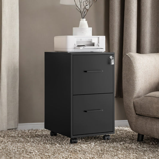 Pre-Assembled File Cabinet with Lock, 2-Drawer Mobile Storage for A4, Legal, Letter Files, Steel Frame, Smooth Slides, Matte Black