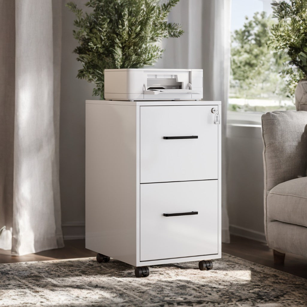 2-Drawer File Cabinet with Lock, Pre-Assembled Mobile Storage for A4, Legal, Letter Files, Steel Frame, Smooth Slides, Matte White