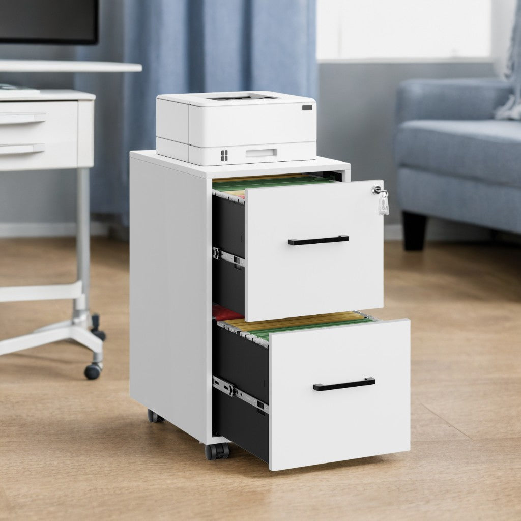 2-Drawer File Cabinet with Lock, Pre-Assembled Mobile Storage for A4, Legal, Letter Files, Steel Frame, Smooth Slides, Matte White
