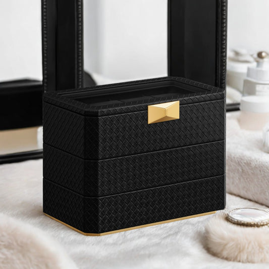RONNE 3-Tier Stackable Watch Box with 8 Slots, Woven Embossed PU Leather Storage Case, Floating Design for Watch Display, Ink Black