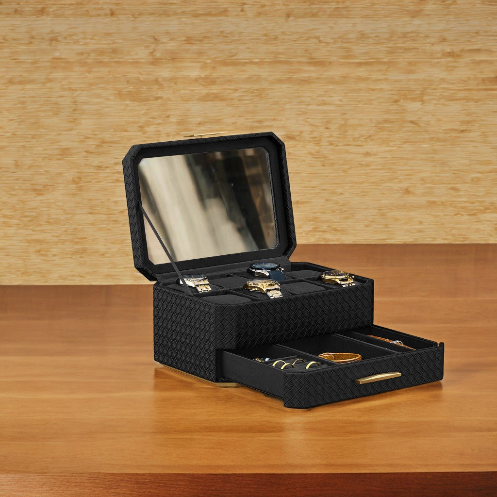 RONNE 3-Tier Stackable Watch Box with 8 Slots, Woven Embossed PU Leather Storage Case, Floating Design for Watch Display, Ink Black