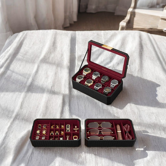 ONNE 3-Tier Stackable Watch Box for 8 Watches, Woven Embossed PU Leather Storage Case with Floating Effect, Giftable Ink Black & Wine Red