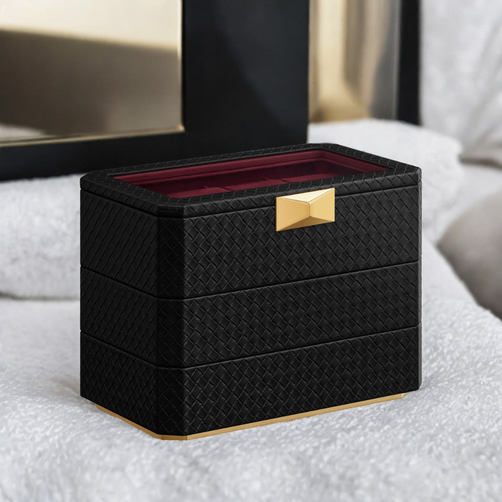 ONNE 3-Tier Stackable Watch Box for 8 Watches, Woven Embossed PU Leather Storage Case with Floating Effect, Giftable Ink Black & Wine Red