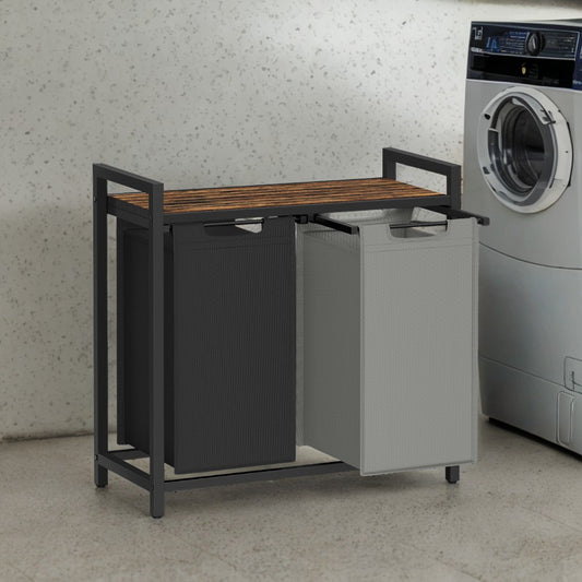2-Compartment Laundry Hamper with Removable Bags & Storage Shelf, 92L Total Capacity, Steel Frame & Oxford Fabric, Rustic Brown and Charcoal Grey