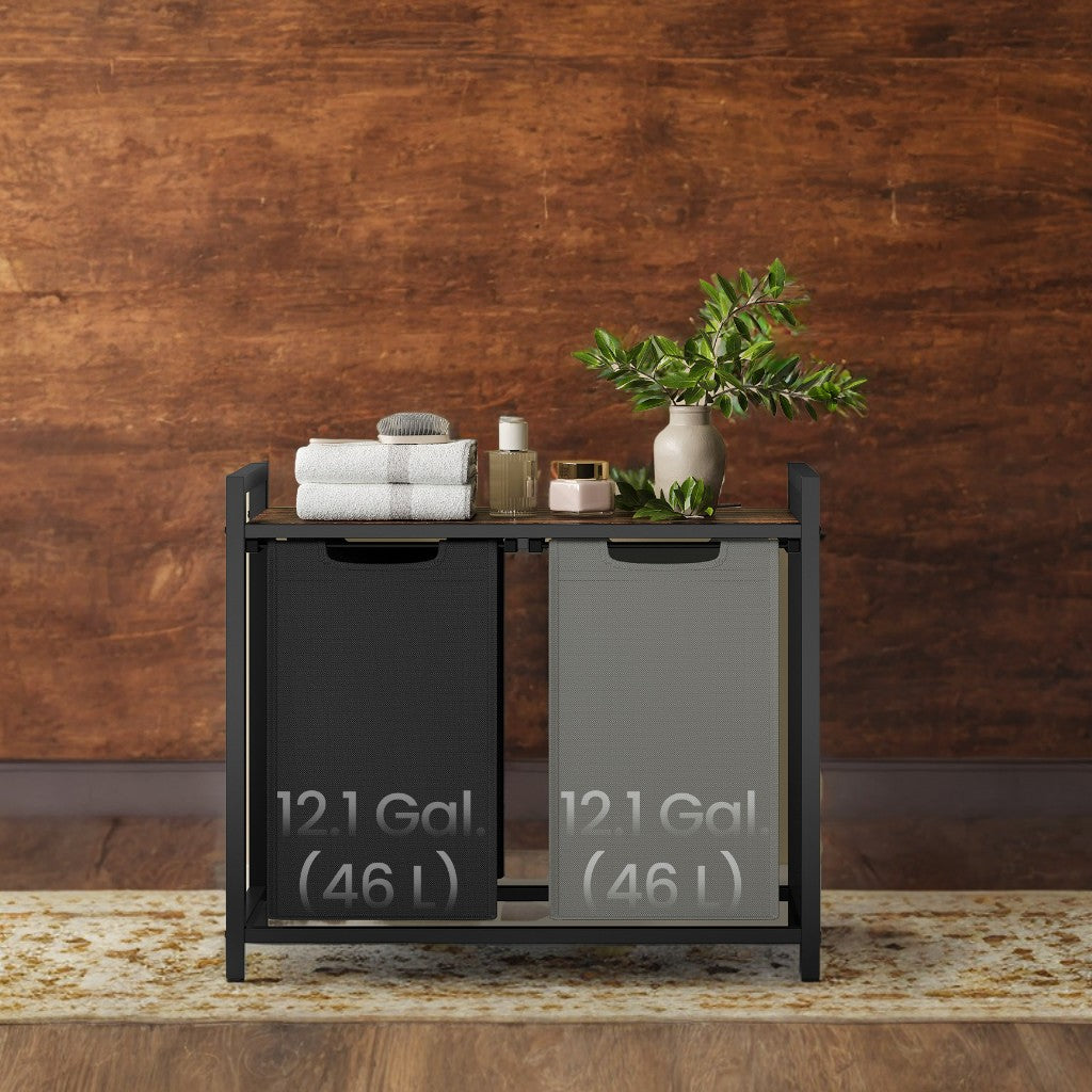 2-Compartment Laundry Hamper with Removable Bags & Storage Shelf, 92L Total Capacity, Steel Frame & Oxford Fabric, Rustic Brown and Charcoal Grey
