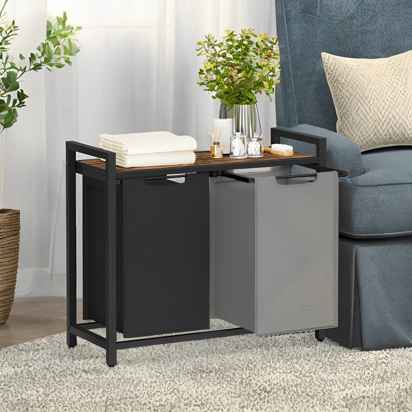 2-Compartment Laundry Hamper with Removable Bags & Storage Shelf, 92L Total Capacity, Steel Frame & Oxford Fabric, Rustic Brown and Charcoal Grey