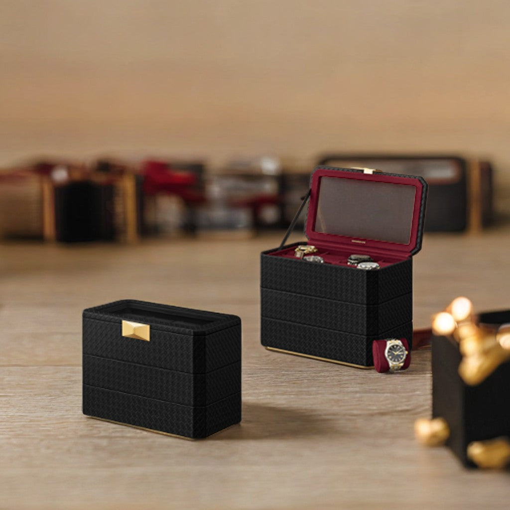 ONNE 3-Tier Stackable Watch Box for 8 Watches, Woven Embossed PU Leather Storage Case with Floating Effect, Giftable Ink Black & Wine Red