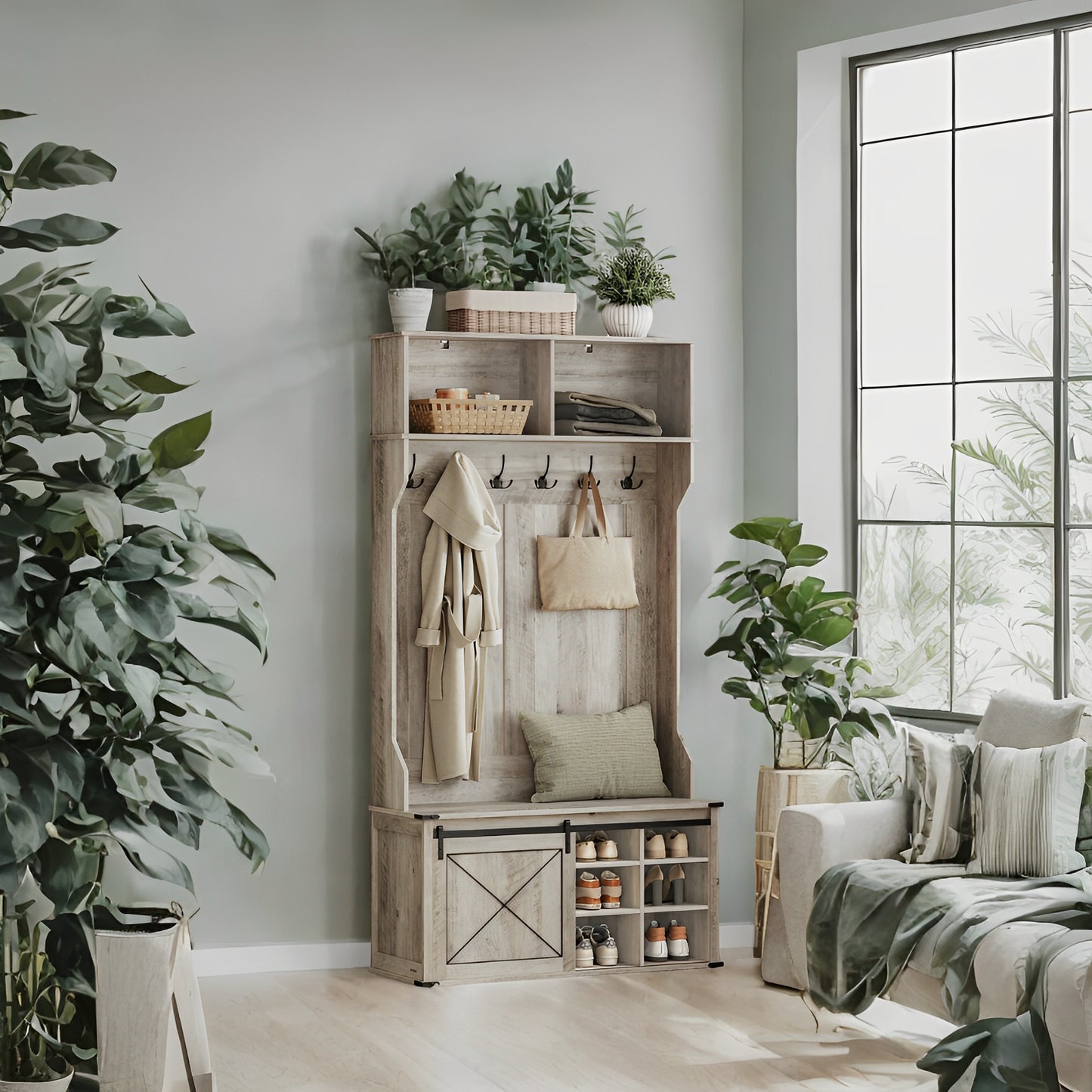 Hall Tree with Bench - 6 Triple Hooks & Adjustable Shoe Storage, Space-Saving Entryway Organizer, Heather Greige