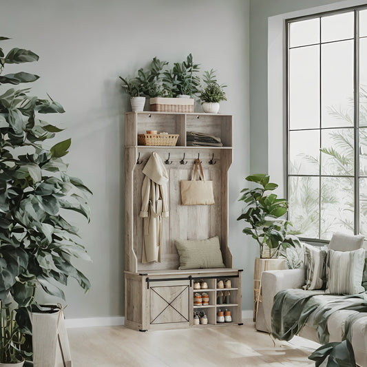 Hall Tree with Bench - 6 Triple Hooks & Adjustable Shoe Storage, Space-Saving Entryway Organizer, Heather Greige
