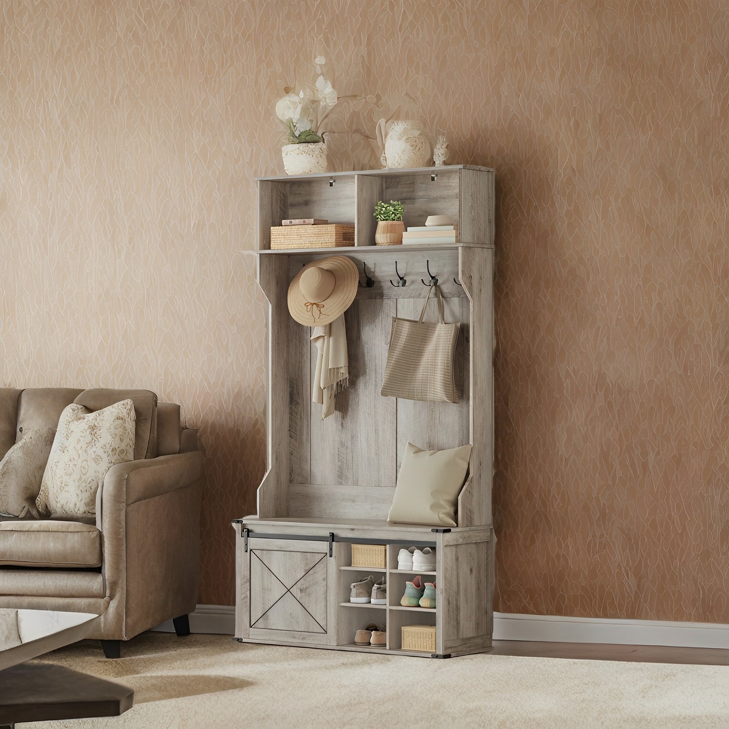 Hall Tree with Bench - 6 Triple Hooks & Adjustable Shoe Storage, Space-Saving Entryway Organizer, Heather Greige