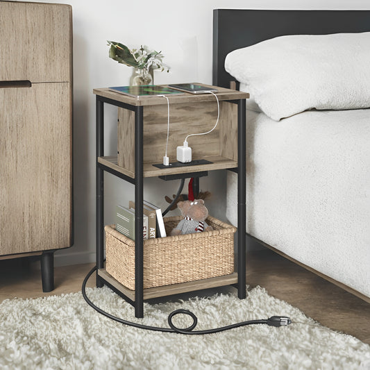 3-Tier Charging Side Table - End Table with 2 Outlets & 2 USB Ports, Space-Saving Nightstand in Camel Brown and Black