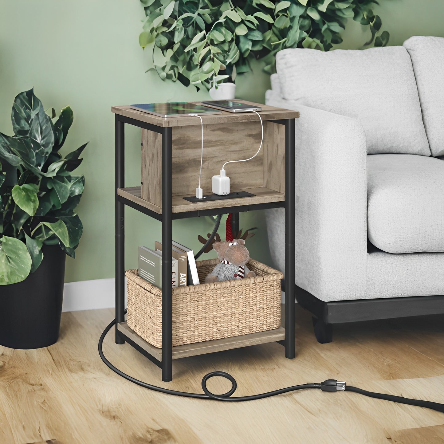 3-Tier Charging Side Table - End Table with 2 Outlets & 2 USB Ports, Space-Saving Nightstand in Camel Brown and Black