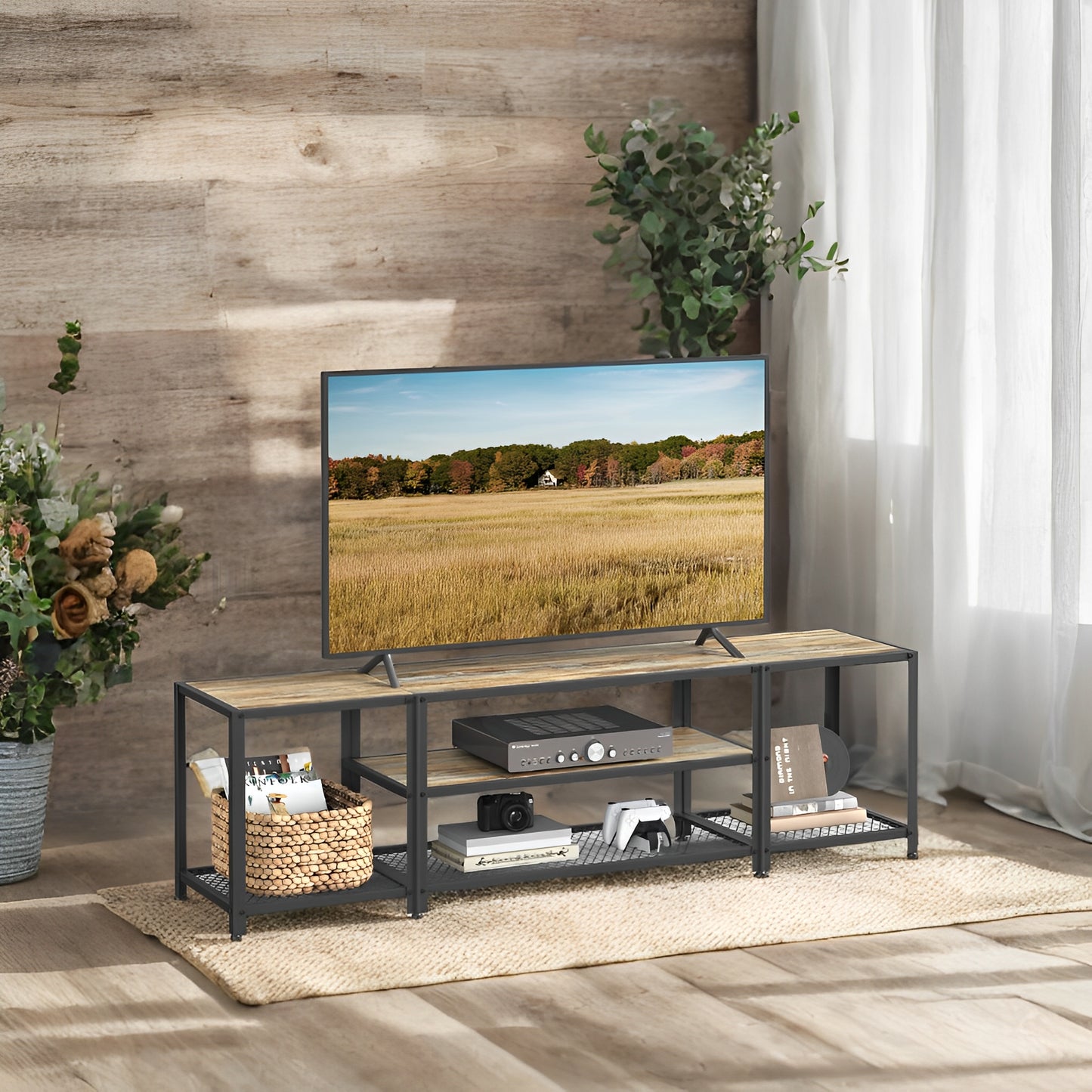 75" TV Stand - Industrial Entertainment Center with 3 Open Shelves, Media Console, Rustic Turquoise Brown and Black