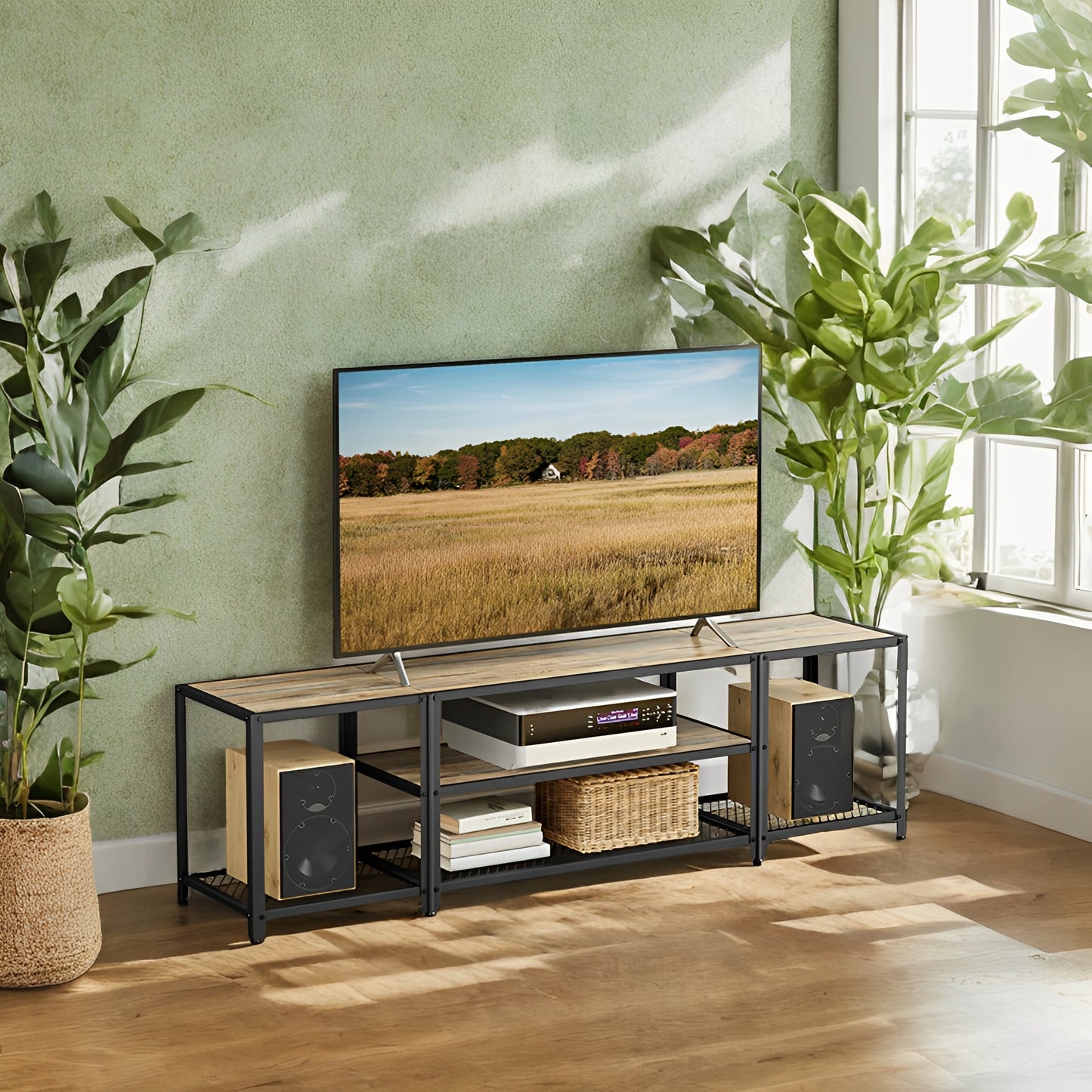 75" TV Stand - Industrial Entertainment Center with 3 Open Shelves, Media Console, Rustic Turquoise Brown and Black