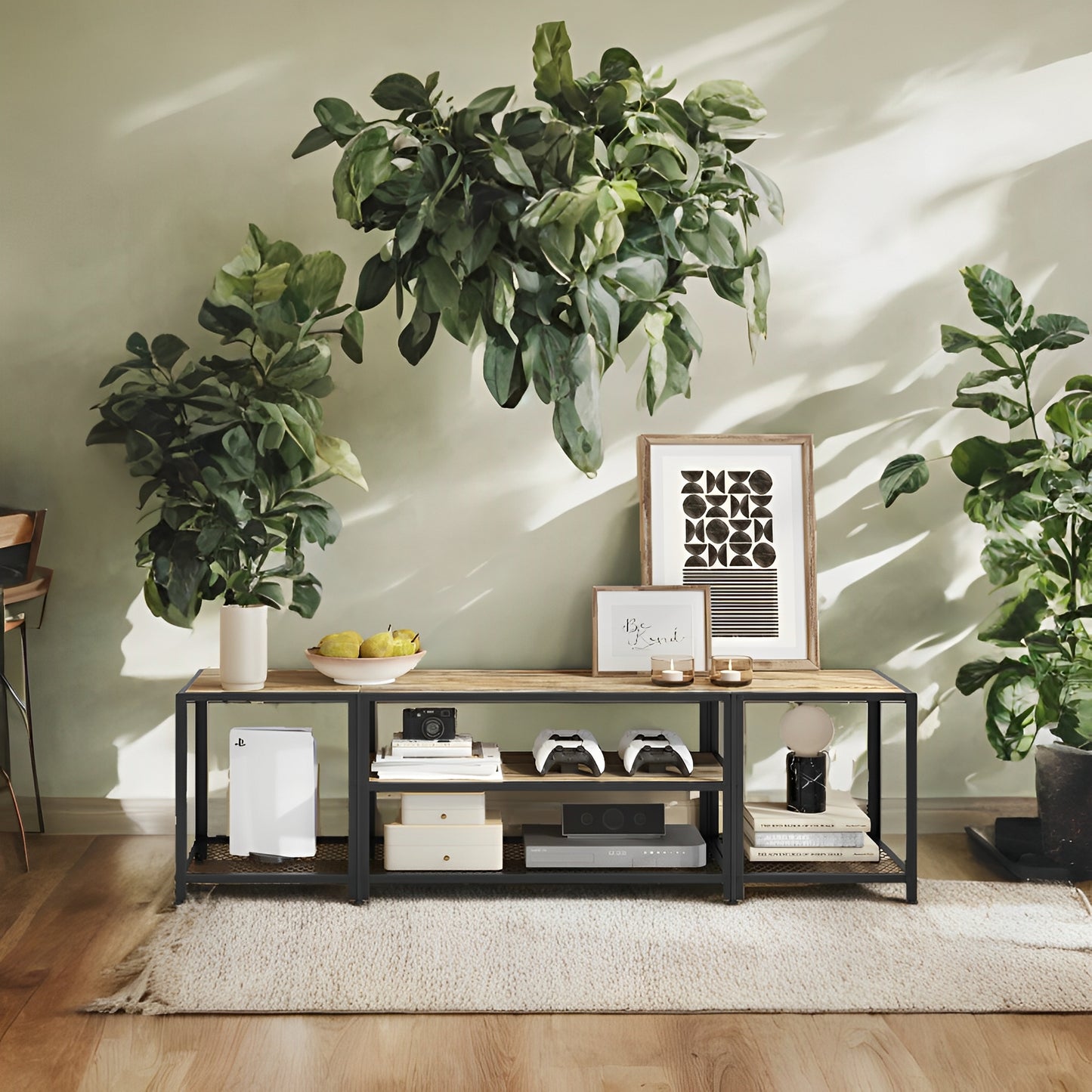 75" TV Stand - Industrial Entertainment Center with 3 Open Shelves, Media Console, Rustic Turquoise Brown and Black