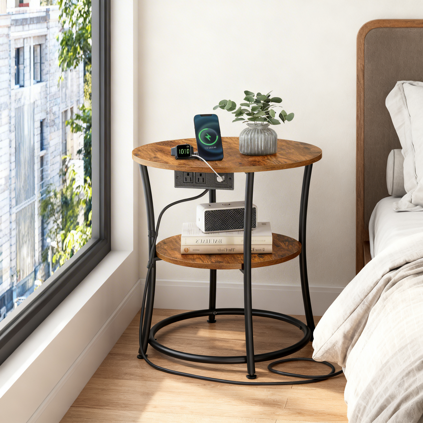 21.7-Inch Round Side Table with Power Outlets, 2-Tier End Table with Steel Frame, Nightstand for Living Room, Bedroom, Rustic Brown and Ink Black