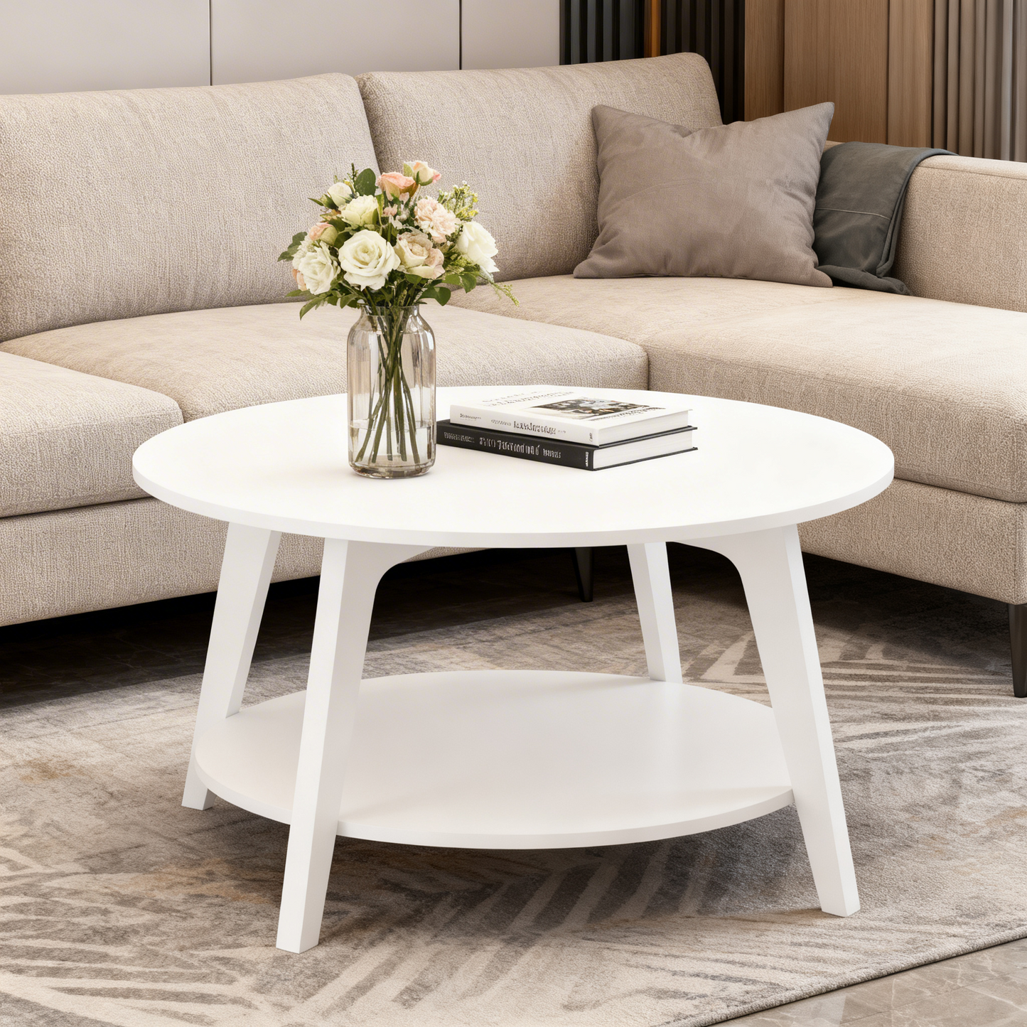 Round Coffee Table, 2-Tier Mid-Century Modern Center Table with Tapered Legs, for Living Room, 31.5 x 17.7 Inches, Snow White