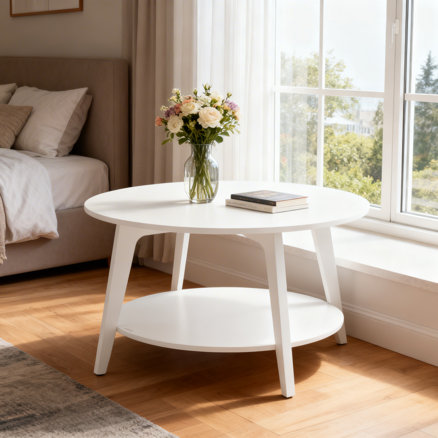 Round Coffee Table, 2-Tier Mid-Century Modern Center Table with Tapered Legs, for Living Room, 31.5 x 17.7 Inches, Snow White
