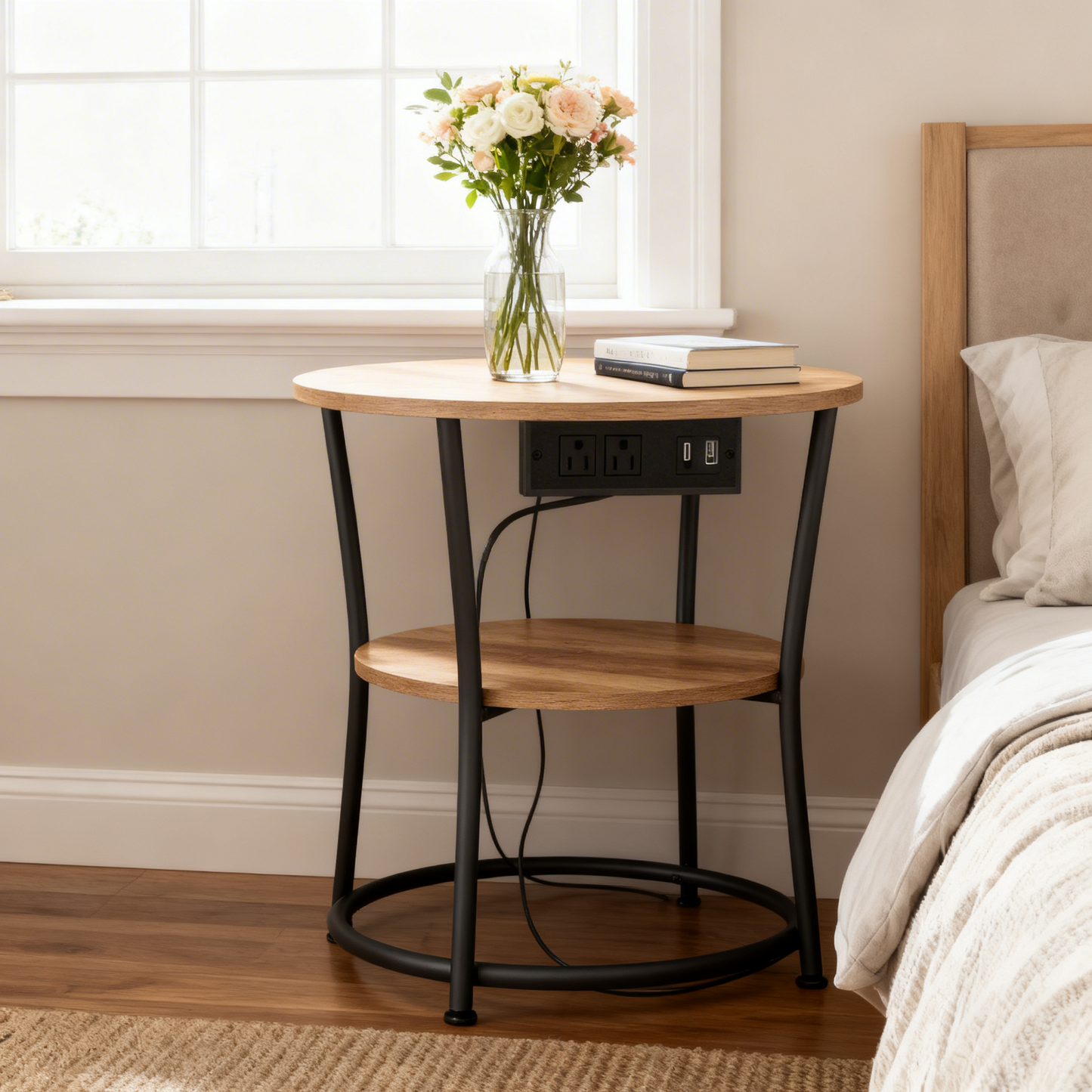 21.7-Inch Round Side Table with Power Outlets, 2-Tier End Table with Steel Frame, Nightstand for Living Room, Bedroom, Honey Brown and Ink Black