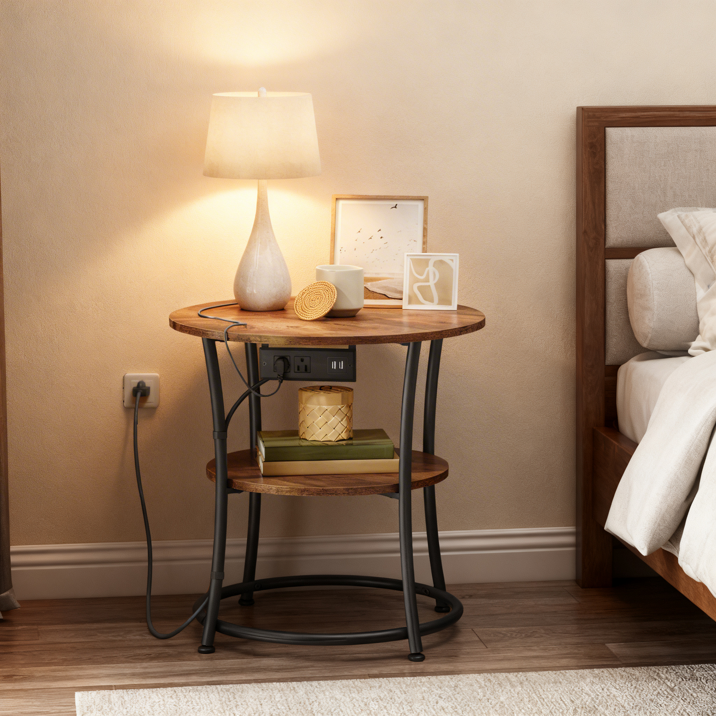 21.7-Inch Round Side Table with Power Outlets, 2-Tier End Table with Steel Frame, Nightstand for Living Room, Bedroom, Honey Brown and Ink Black