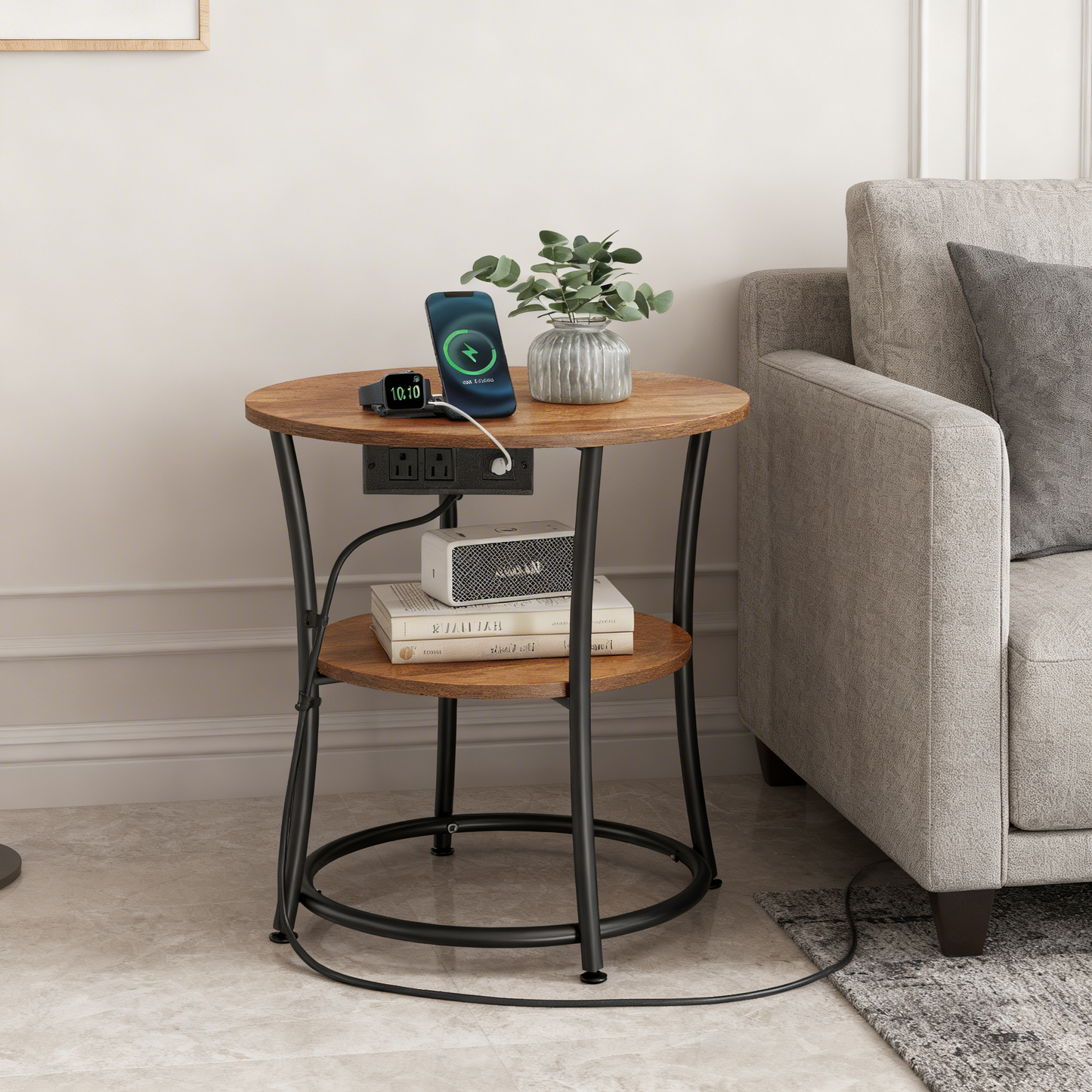 21.7-Inch Round Side Table with Power Outlets, 2-Tier End Table with Steel Frame, Nightstand for Living Room, Bedroom, Honey Brown and Ink Black