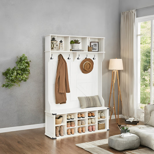 Farmhouse Hall Tree - Entryway Bench with 16 Shoe Compartments & 6 Triple Hooks, Storage Organizer, Rustic White
