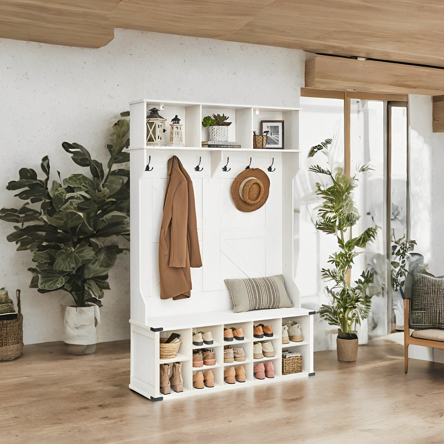Farmhouse Hall Tree - Entryway Bench with 16 Shoe Compartments & 6 Triple Hooks, Storage Organizer, Rustic White