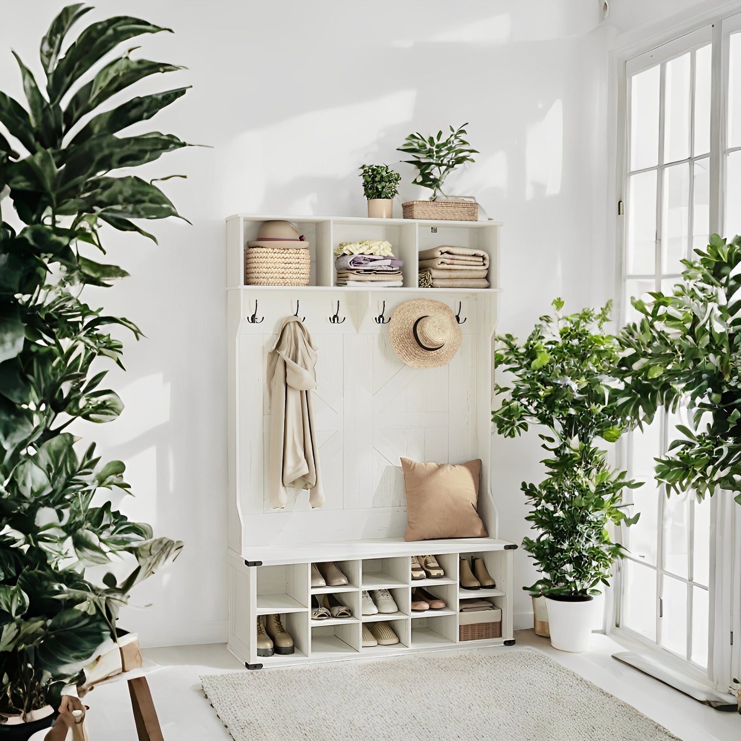 Farmhouse Hall Tree - Entryway Bench with 16 Shoe Compartments & 6 Triple Hooks, Storage Organizer, Rustic White