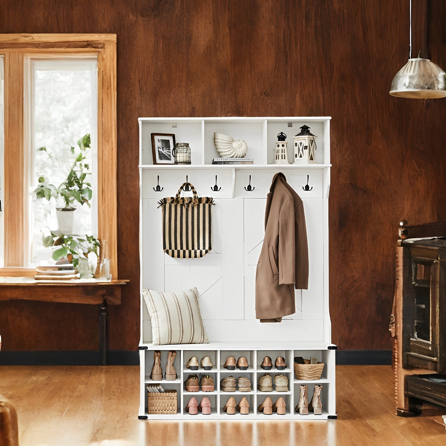Farmhouse Hall Tree - Entryway Bench with 16 Shoe Compartments & 6 Triple Hooks, Storage Organizer, Rustic White