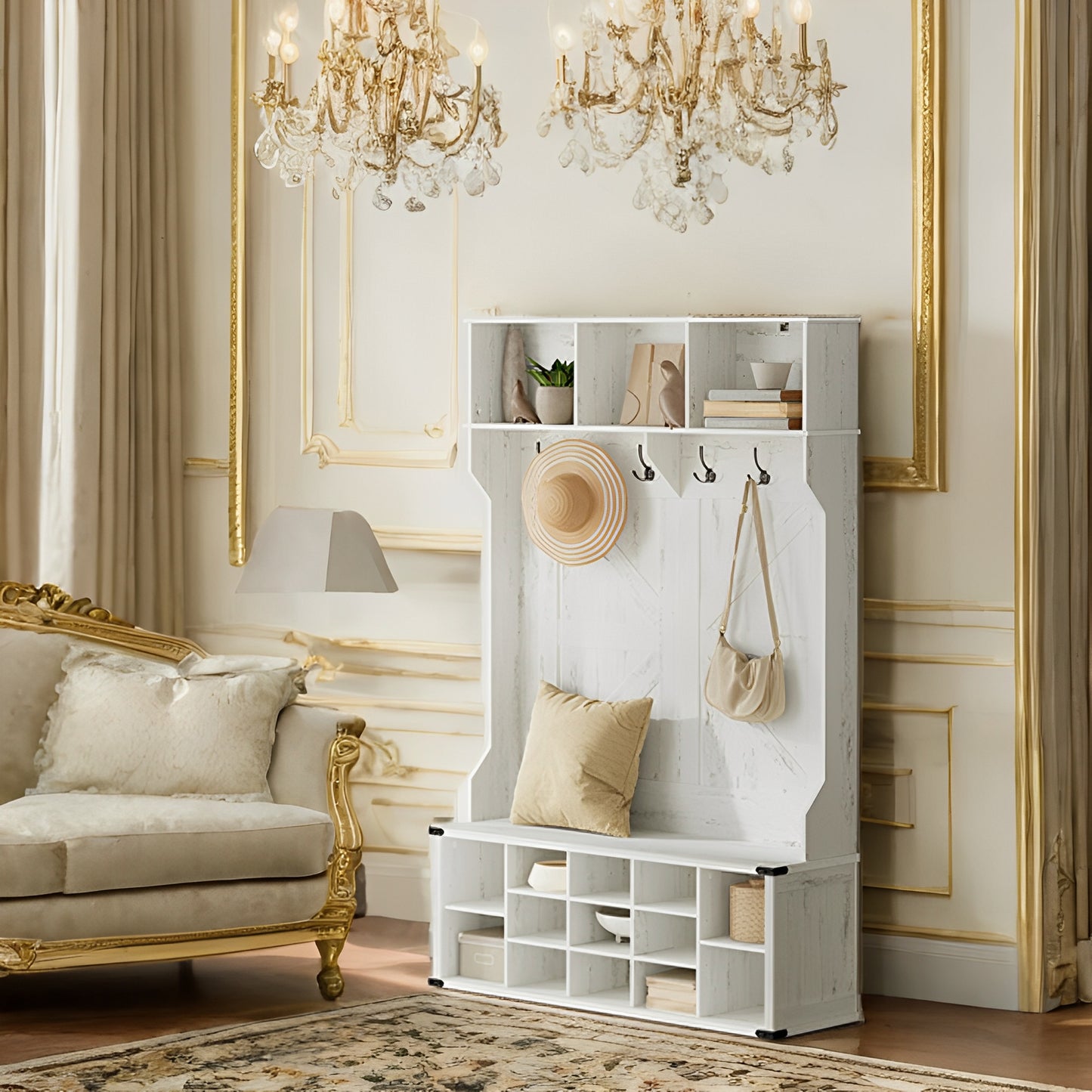 Farmhouse Hall Tree - Entryway Bench with 16 Shoe Compartments & 6 Triple Hooks, Storage Organizer, Rustic White