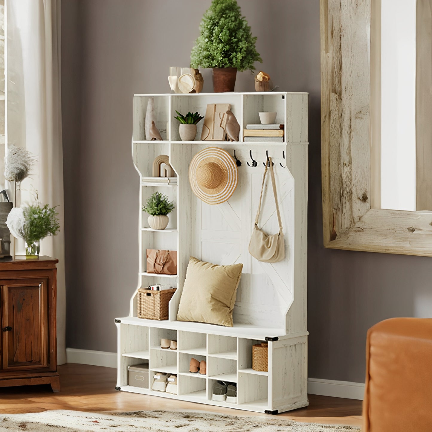 Farmhouse Hall Tree - Entryway Bench with 20 Storage Compartments & 6 Triple Hooks, Space-Saving Organizer, Rustic White