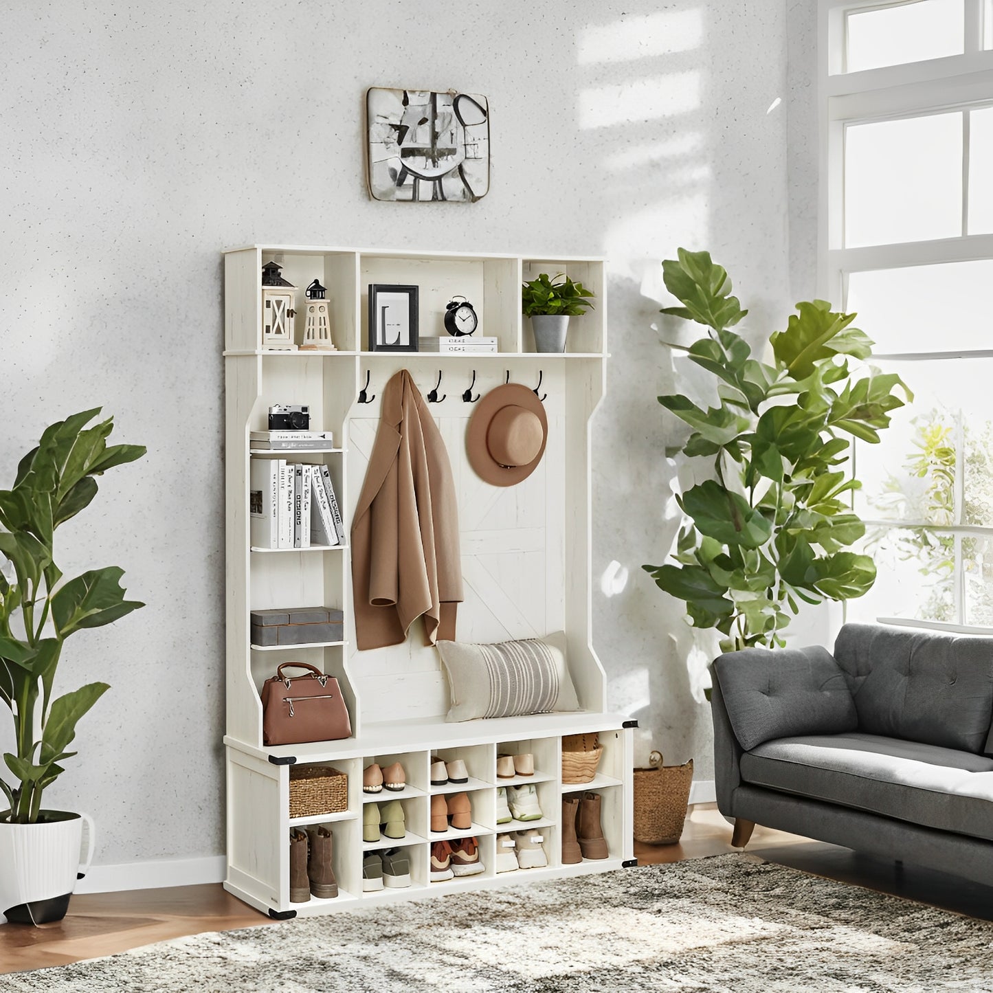Farmhouse Hall Tree - Entryway Bench with 20 Storage Compartments & 6 Triple Hooks, Space-Saving Organizer, Rustic White