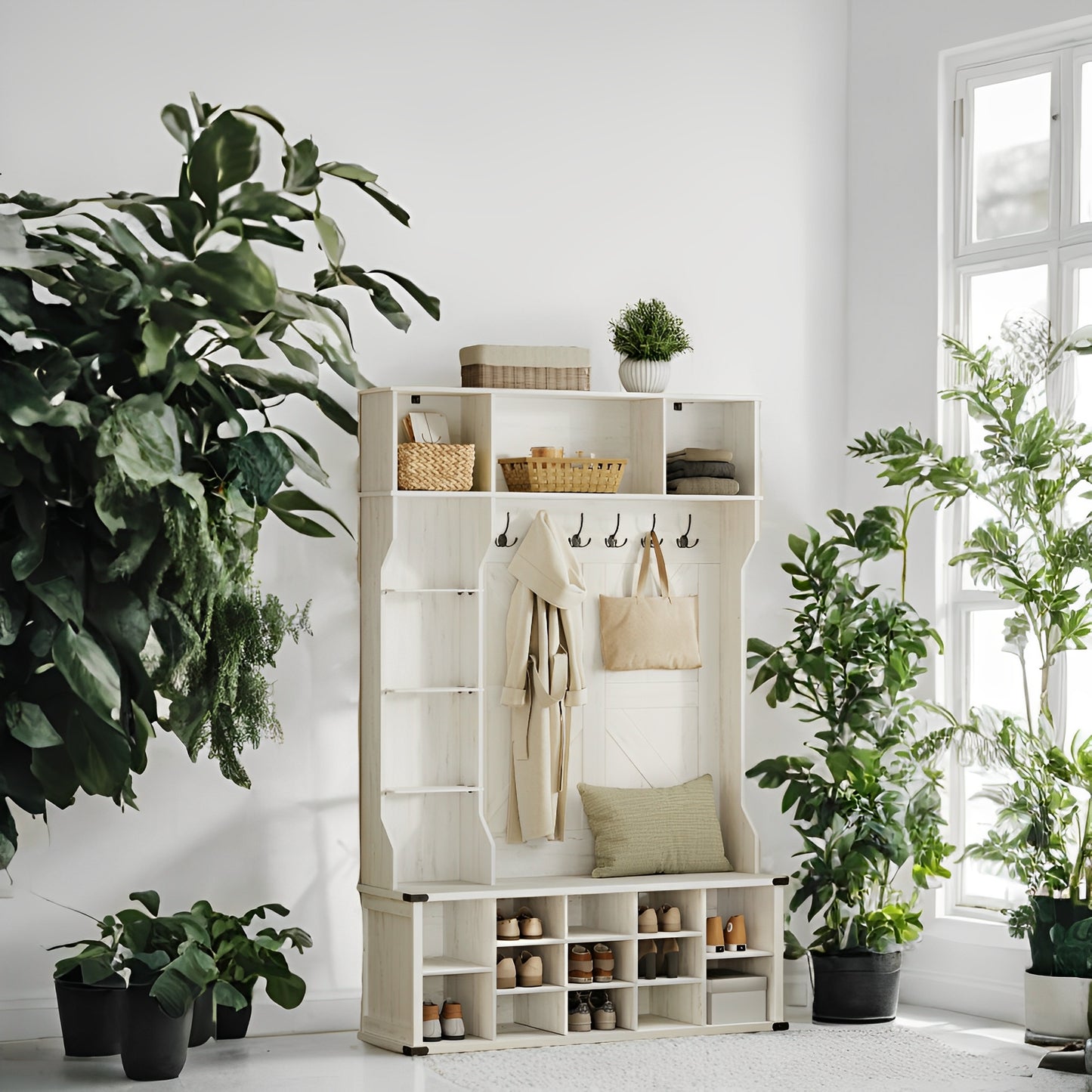 Farmhouse Hall Tree - Entryway Bench with 20 Storage Compartments & 6 Triple Hooks, Space-Saving Organizer, Rustic White