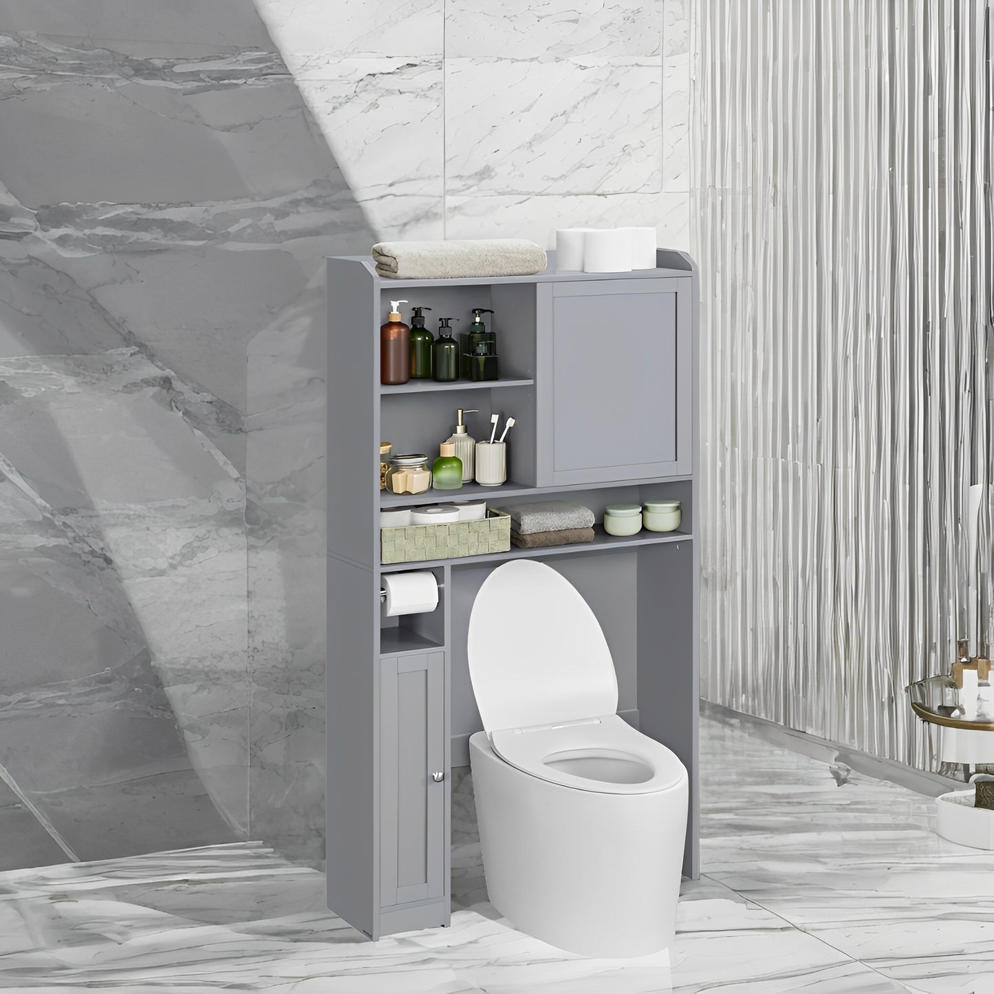 Over-The-Toilet Storage Cabinet with Sliding Door & Adjustable Shelves, Space-Saving Bathroom Organizer with Toilet Paper Holder, Dove Gray