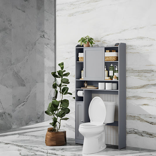 Over-The-Toilet Storage Cabinet with Sliding Door & Adjustable Shelves, Space-Saving Bathroom Organizer with Toilet Paper Holder, Dove Gray