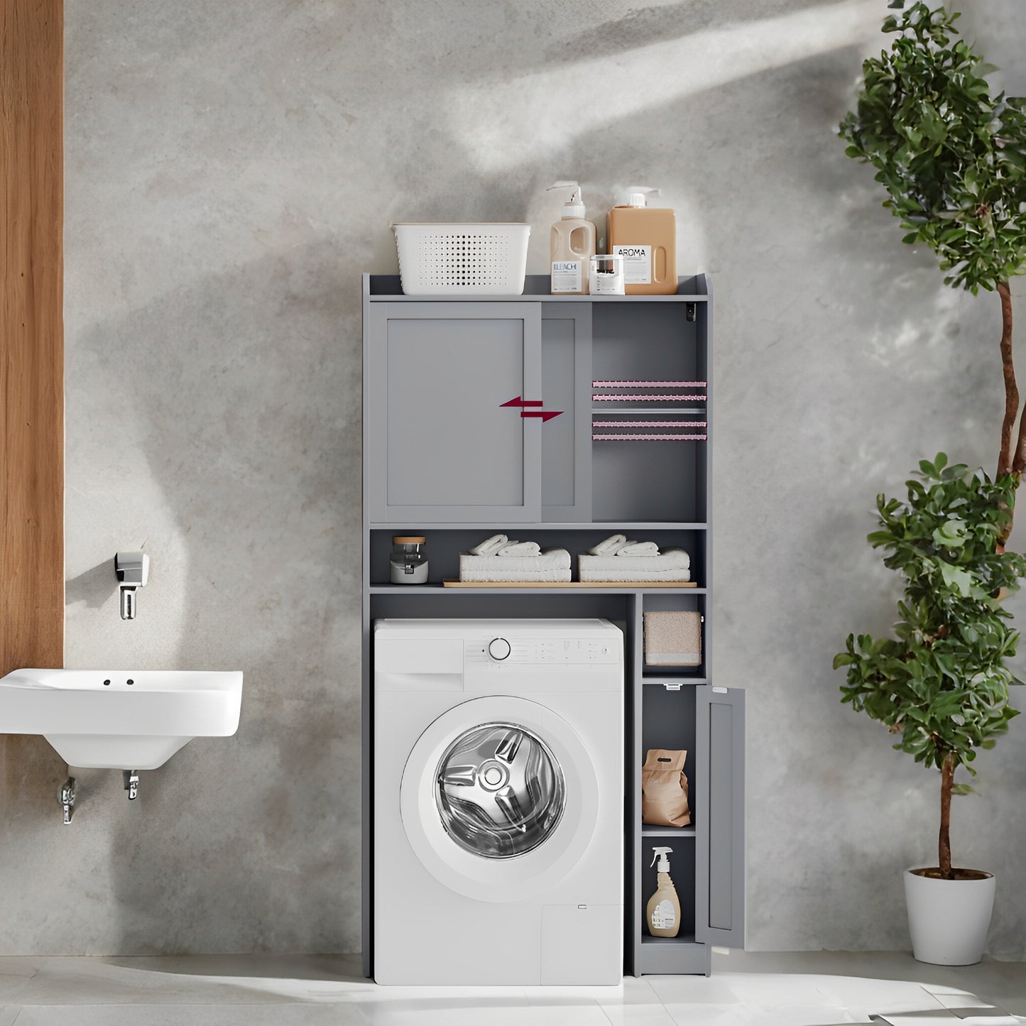 Over-The-Toilet Storage Cabinet with Sliding Door & Adjustable Shelves, Space-Saving Bathroom Organizer with Toilet Paper Holder, Dove Gray