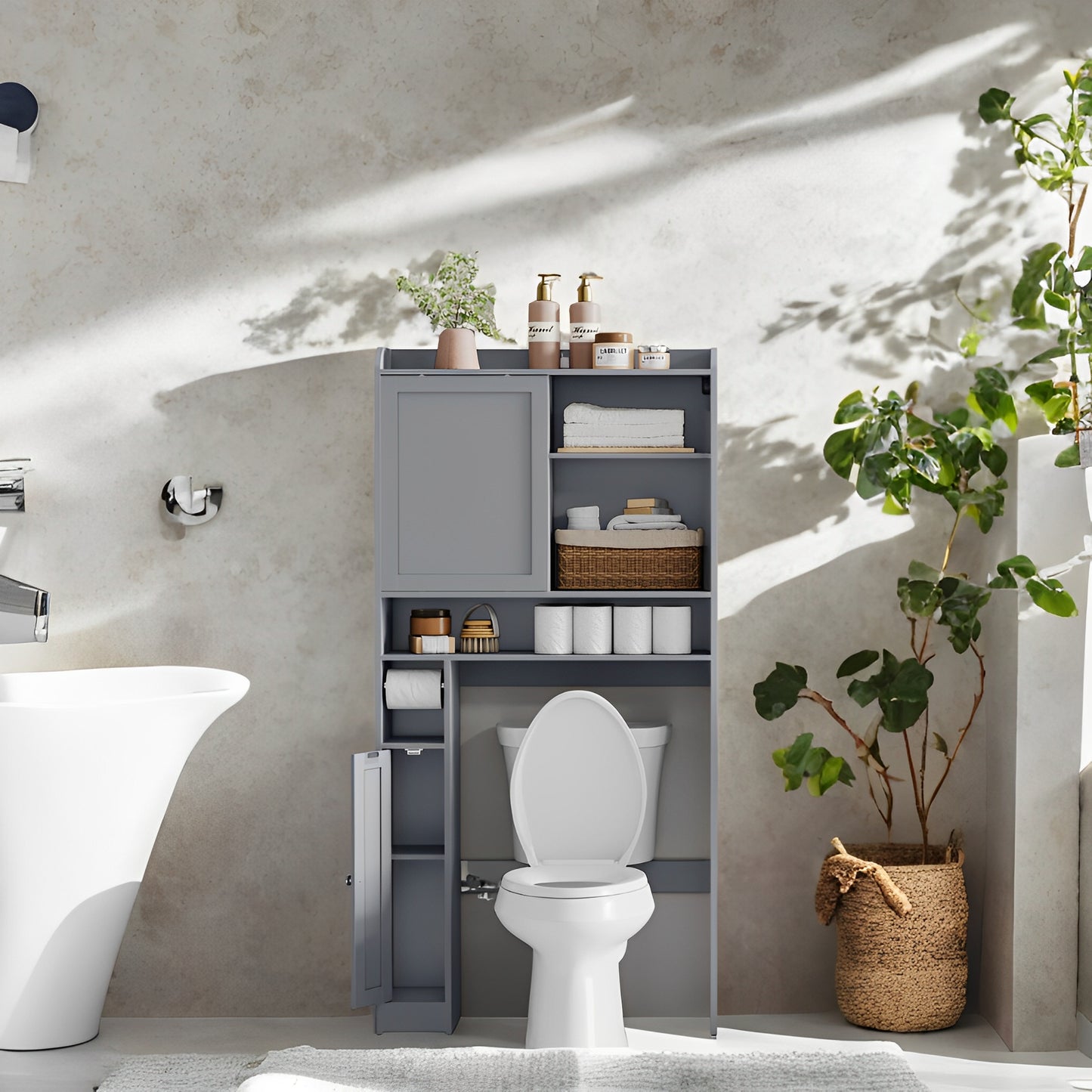 Over-The-Toilet Storage Cabinet with Sliding Door & Adjustable Shelves, Space-Saving Bathroom Organizer with Toilet Paper Holder, Dove Gray